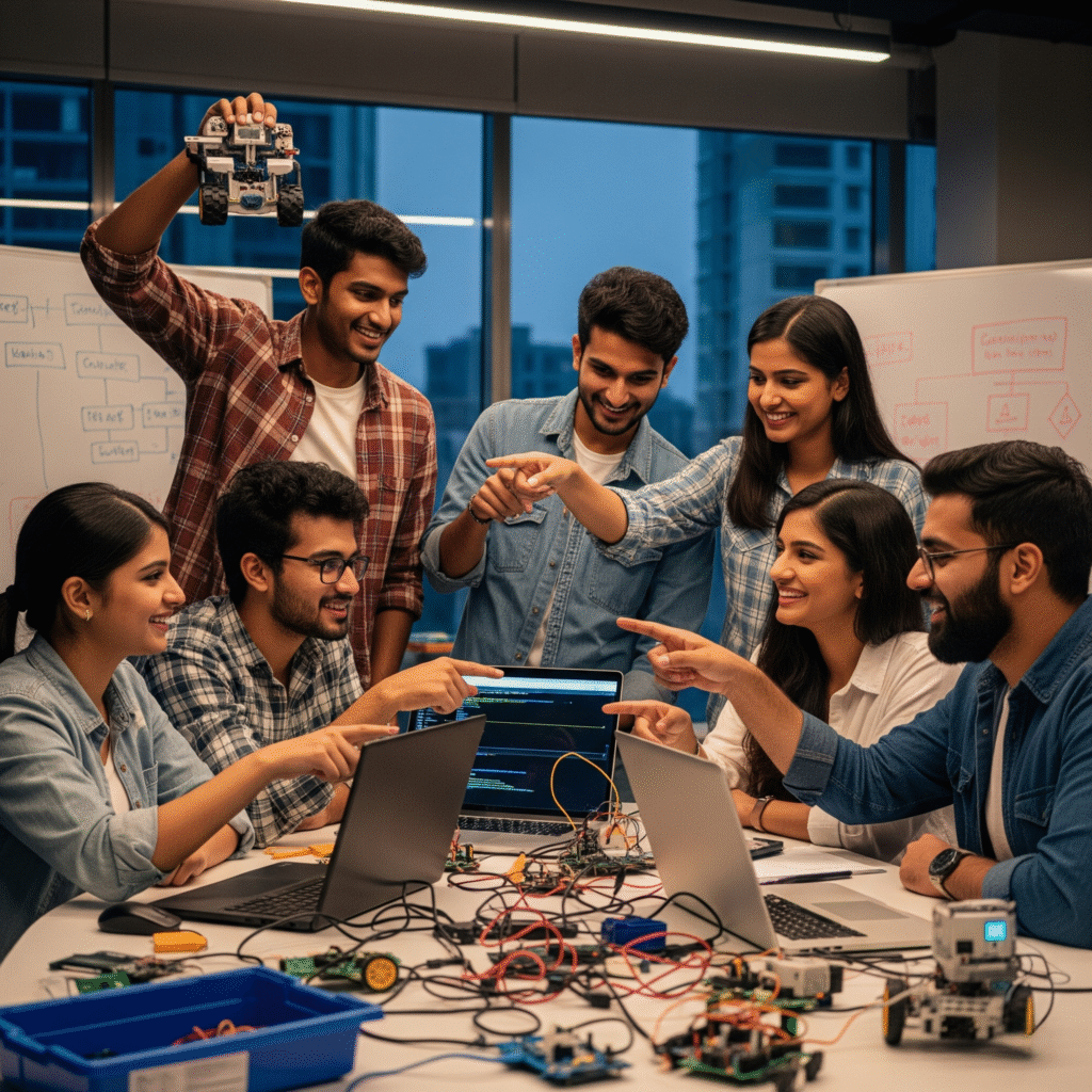 Motivated Indian students collaborating on an AI project, smiling, evening indoor classroom, aspirational mood