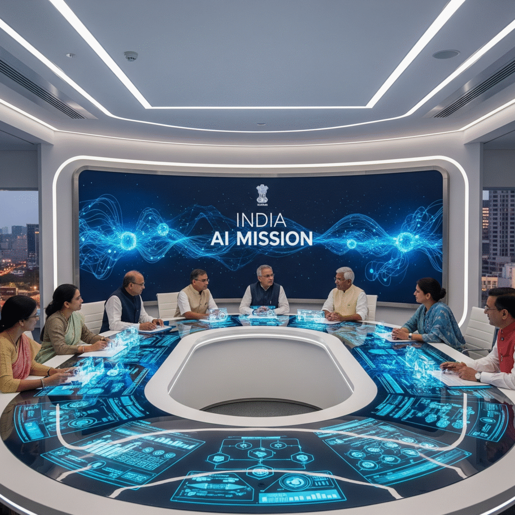 Indian government officials in a high-tech digital meeting discussing AI mission, futuristic, bright lighting.