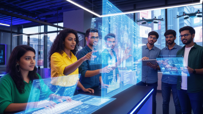 2312 “Diverse group of Indian young adults engaging with advanced AI holographic interface in a modern, vibrant co-working space. Energetic, futuristic, digital India theme, 16:9 aspect ratio, glowing blue and purple colors.