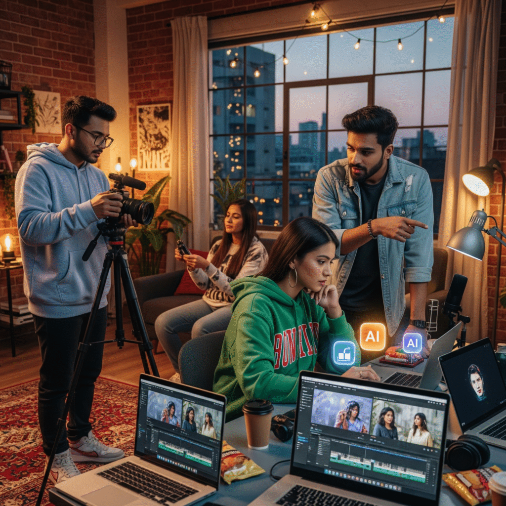 Young Indian creators filming and editing content on laptops with AI tools, cozy, urban, stylish