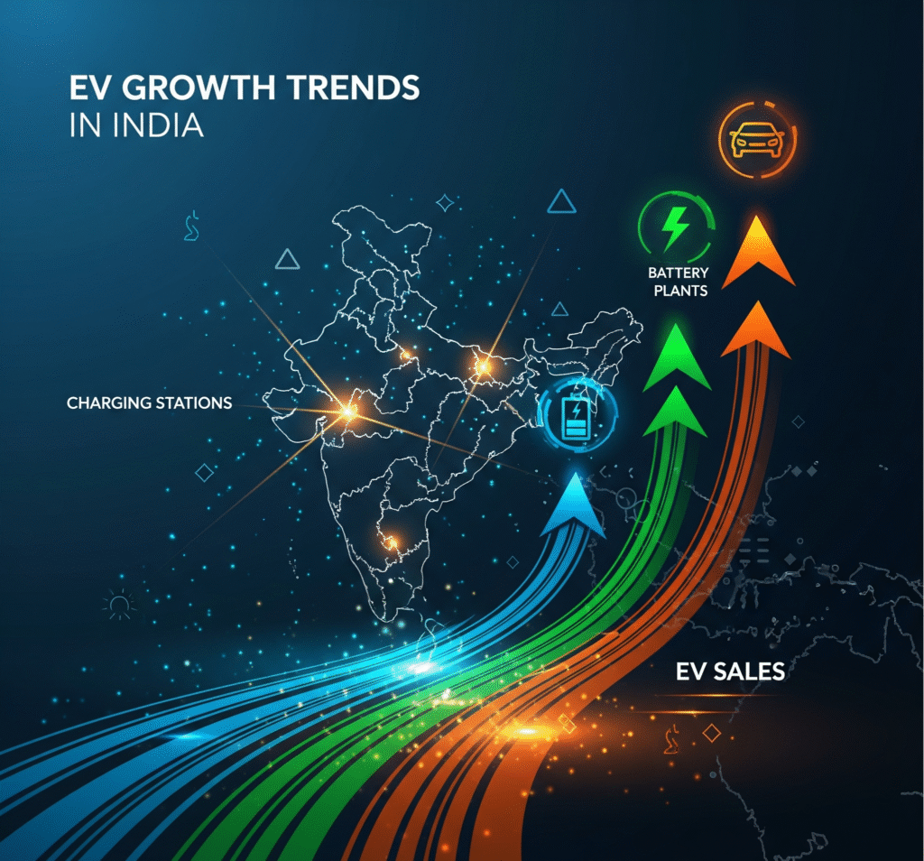 Infographic showing growth of EV charging stations, battery plants, and EV sales in India, clean and colorful