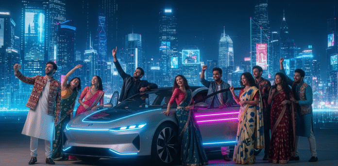 Gemini_Generated_Image_i8wuemi8wuemi8wu (1) Diverse Indian youth group celebrating around a futuristic electric car with digital city backdrop, glowing lights, vibrant colors, 16:9.