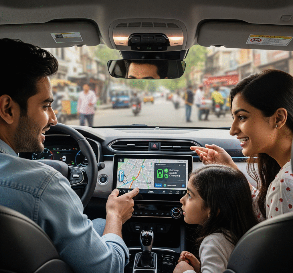 Young Indian family using an EV car dashboard screen for route and charging info, cheerful, tech-driven, realistic.