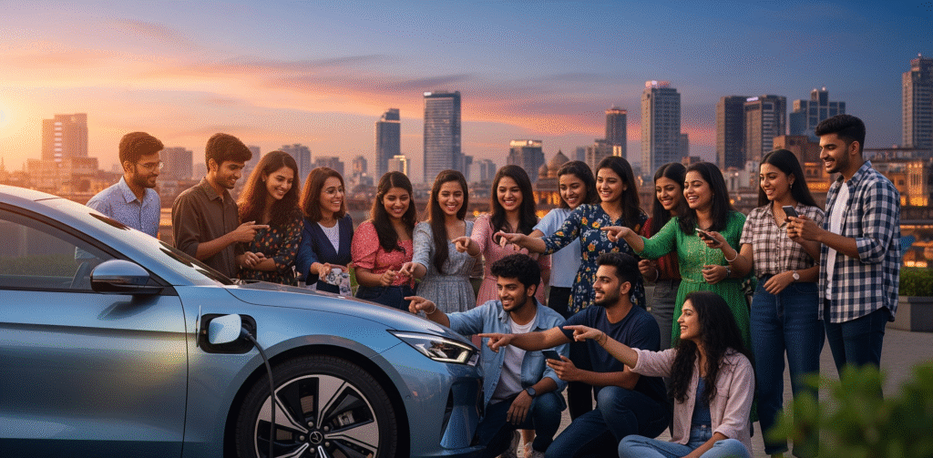 Inspiring image of Indian youth gathered around a shiny new EV, city skyline in the background, hopeful, aspirational, 16:9.