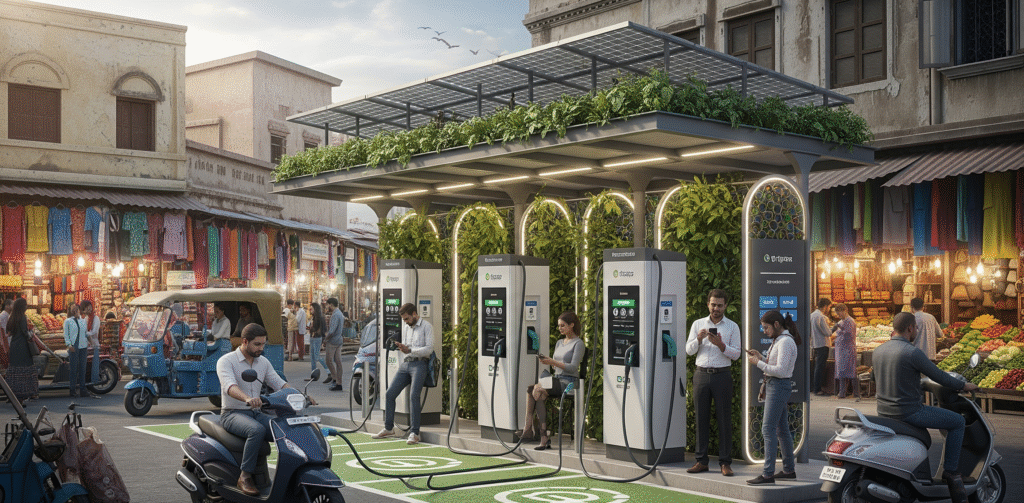 Modern electric vehicle charging station in a busy Indian marketplace, people using smartphones, clean, eco-friendly vibe, 16:9.