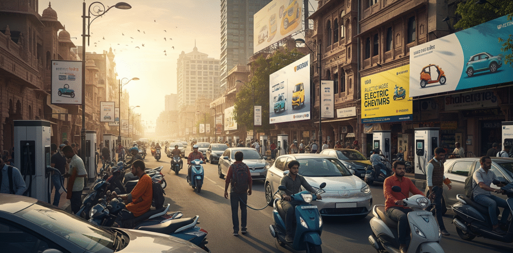 Crowded Indian city street with a mix of e-scooters, electric cars, and charging stations, vibrant, modern, 16:9