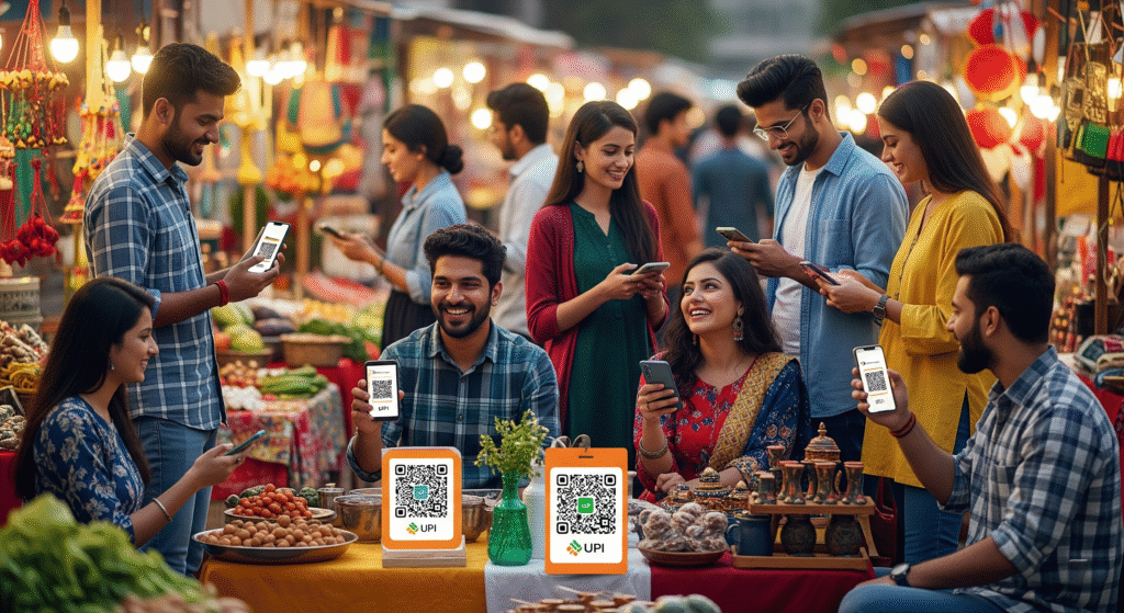 Young Indians scanning QR codes for UPI payments at a lively street market, vibrant, inclusive, modern, 16:9