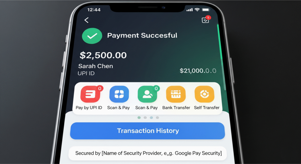 Modern digital payment interface on a smartphone, displaying UPI options, real-time transaction success, and security notifications, realistic and colorful. 16:9