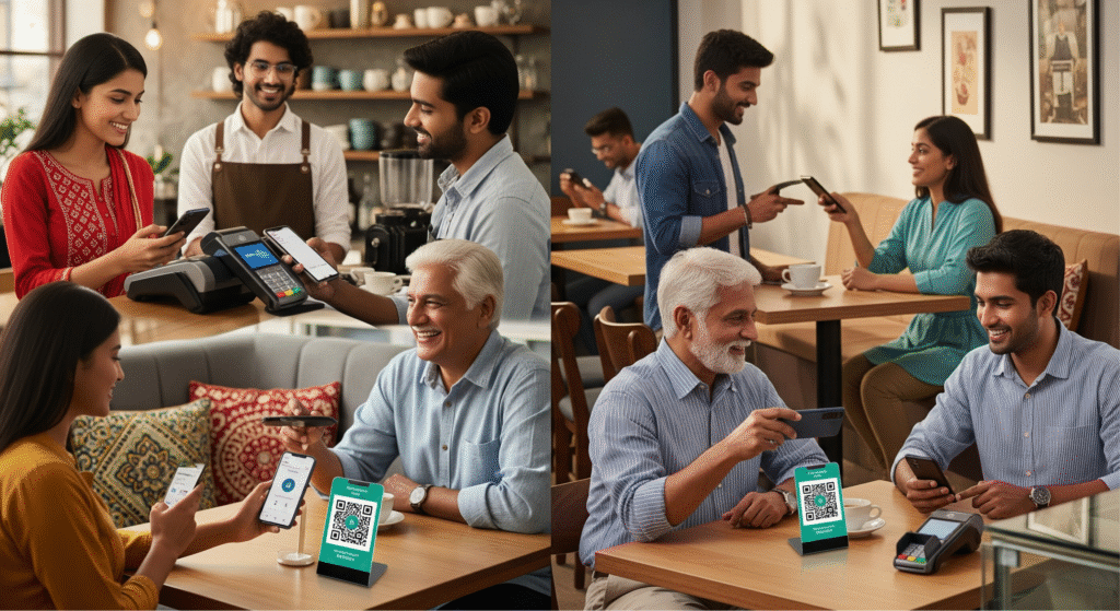 A diverse group of Indians, young and old, using mobile phones for contactless payments in a café, friendly and tech-driven, 16:9.