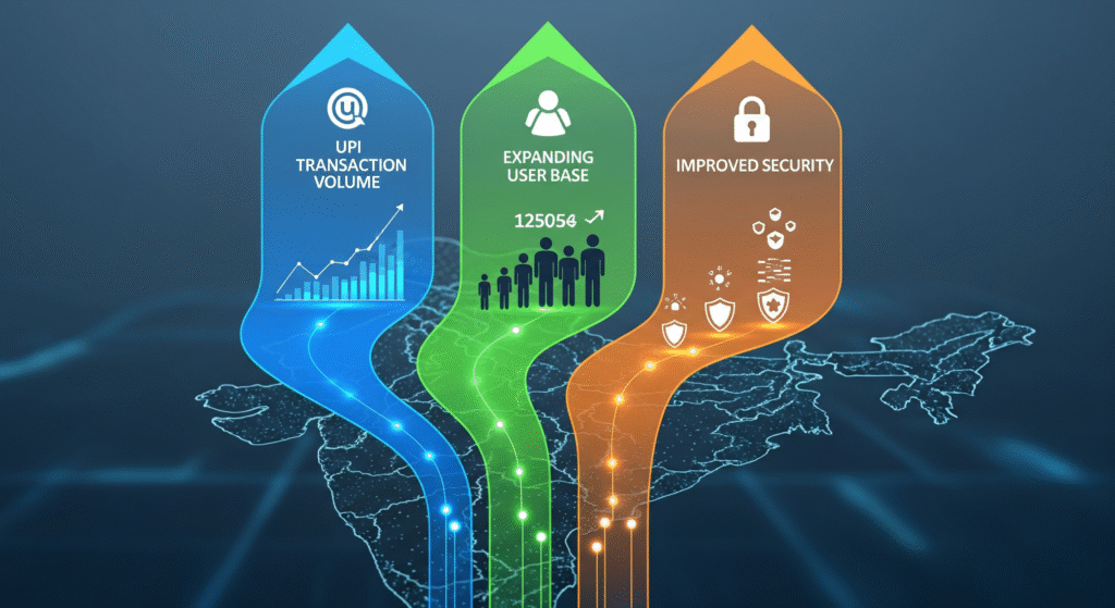 Infographic showing UPI transaction volume growth, expanding user base, and improved security stats for India in 2025, clean and colorful.
