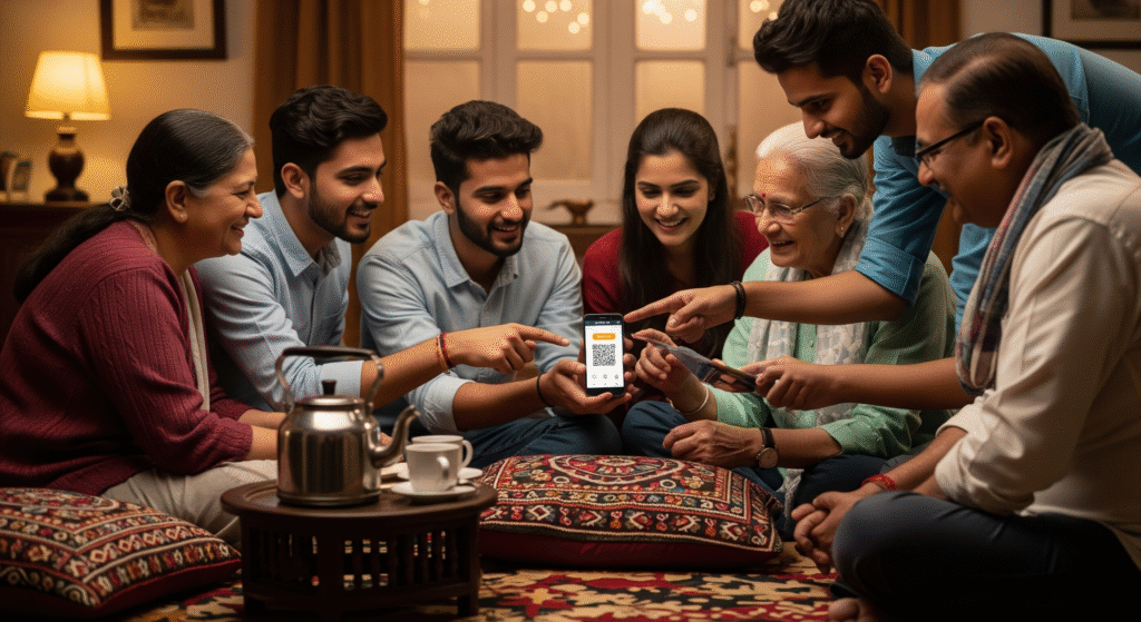 Inspired Indian youth teaching elders about UPI payments, technology bridging generations, cozy home setting, joyful, 16:9.