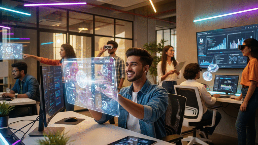 Indian youth interacting with AI technology in a modern workspace, energetic, vibrant, 16:9