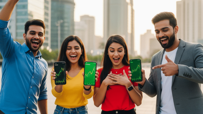 Gemini_Generated_Image_1as3rc1as3rc1as3 Young Indian investors celebrating stock market gains, August 2025