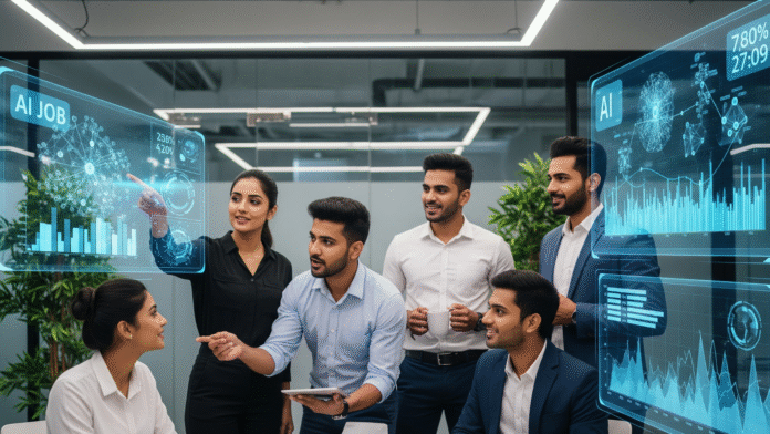 Indian tech professionals discussing AI-driven job trends, 2025 office Indian tech professionals discussing AI-driven job trends, 2025 office