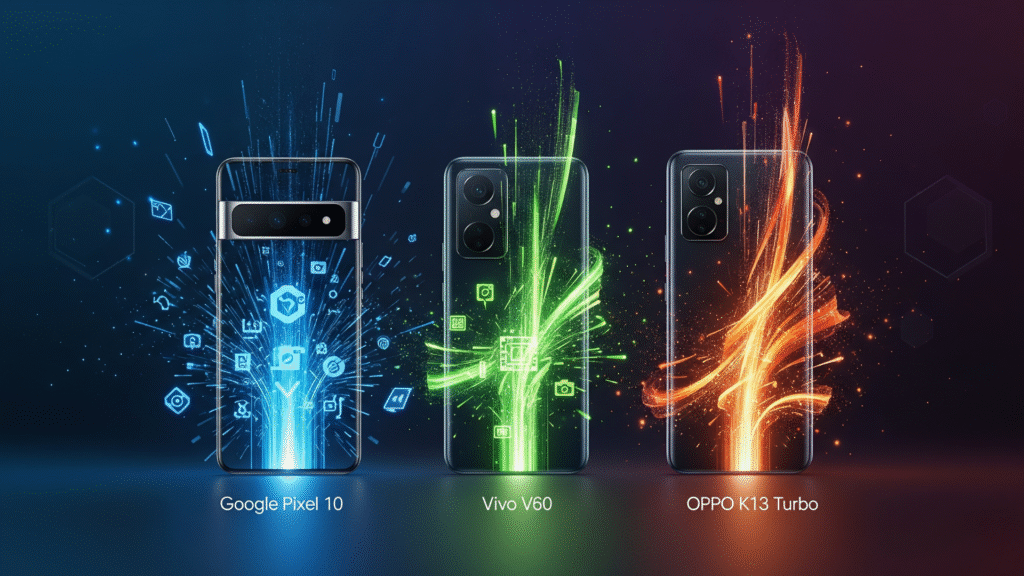 Simple infographic comparing specs and launch dates of Pixel 10, Vivo V60, and Oppo K13 Turbo, clear and colorful, 16:9.