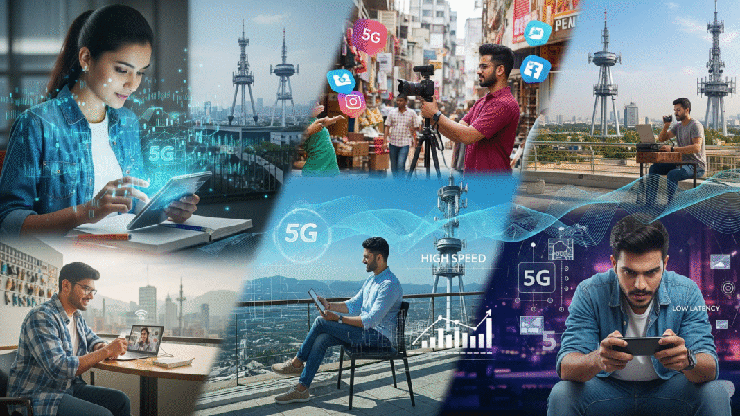 Young Indians experiencing 5G technology revolution, diverse applications and scenarios, 2025