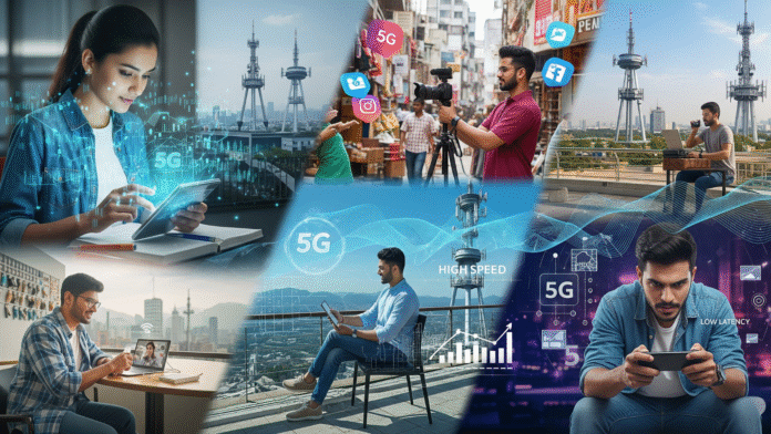 Gemini_Generated_Image_58l9ya58l9ya58l9 Young Indians experiencing 5G technology revolution, diverse applications and scenarios, 2025