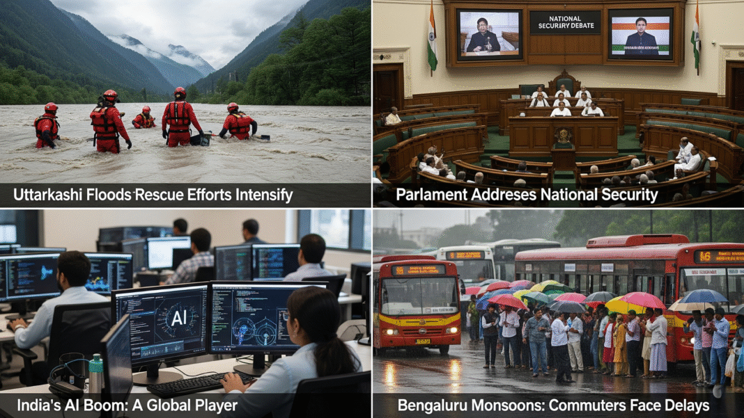 Powerful montage of Indian rescue teams in a flood-hit Uttarkashi, Parliament discussions on digital screens, AI buzz in urban offices, and bus crowds in Bengaluru, trending news collage, 16:9.
