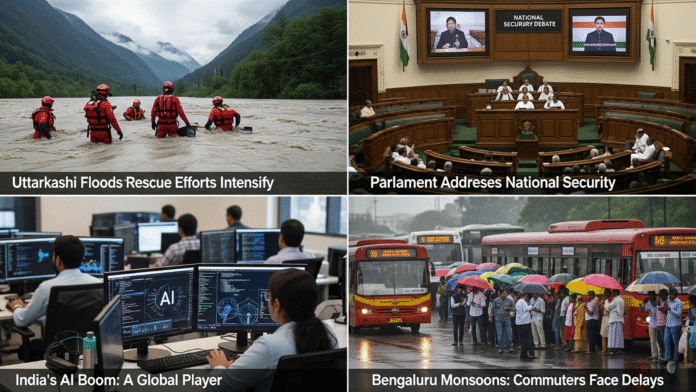Powerful montage of Indian rescue teams in a flood-hit Uttarkashi, Parliament discussions on digital screens, AI buzz in urban offices, and bus crowds in Bengaluru, trending news collage, 16:9. Powerful montage of Indian rescue teams in a flood-hit Uttarkashi, Parliament discussions on digital screens, AI buzz in urban offices, and bus crowds in Bengaluru, trending news collage, 16:9.