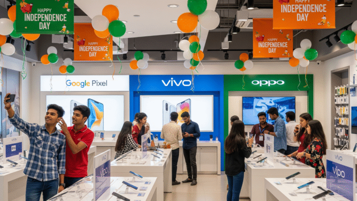 Colorful display of new Google Pixel 10, Vivo V60, and Oppo smartphones with excited Indian youth exploring them in a modern electronics store, energetic Independence Day decor, 16:9 Colorful display of new Google Pixel 10, Vivo V60, and Oppo smartphones with excited Indian youth exploring them in a modern electronics store, energetic Independence Day decor, 16:9