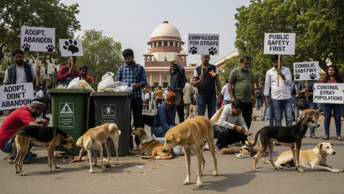 Gemini_Generated_Image_nddcbwnddcbwnddc Delhi stray dog crisis showing multiple perspectives—Supreme Court order, public concern, animal welfare debate, 2025.