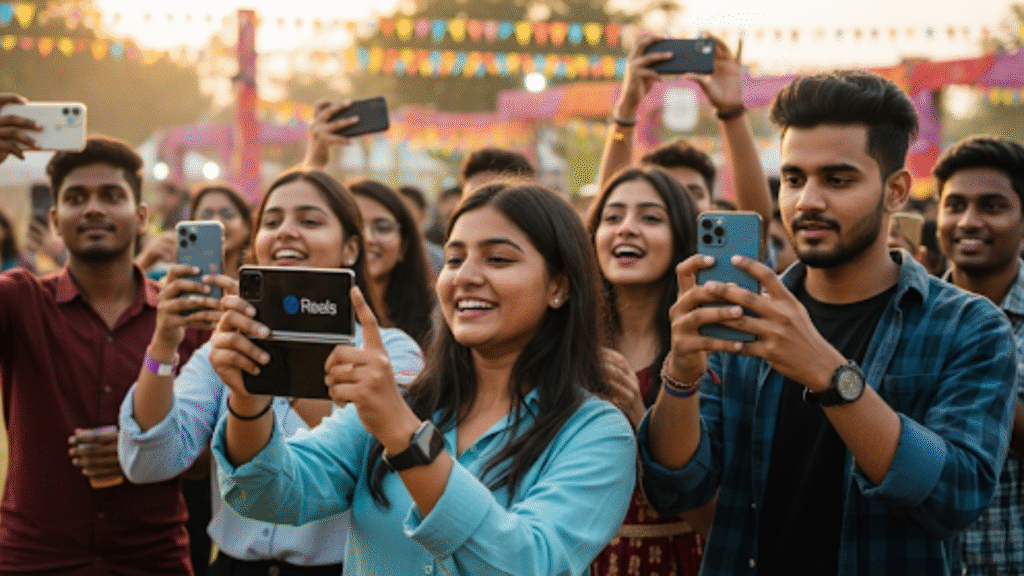 A diverse group of Indian students and vlogging creators filming Reels on a foldable and a standard phone, outdoor festival vibe, lively and modern.