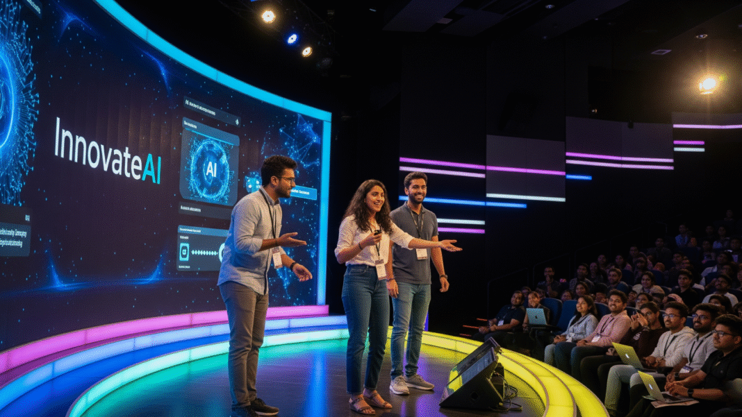 Energetic Indian founders presenting their AI startup in a tech auditorium, colorful stage, digital screens, youthful audience, 16:9.