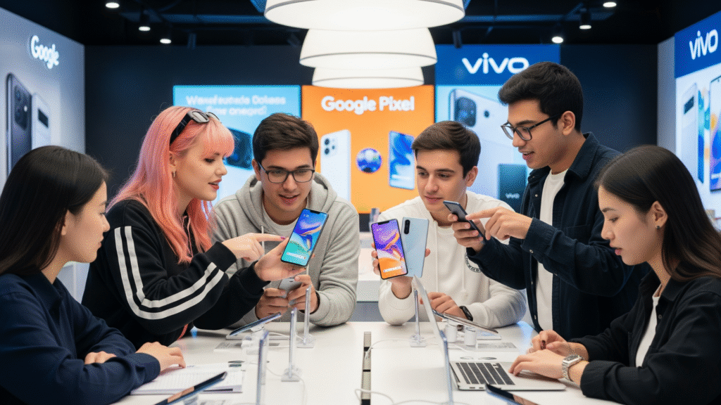 Young content creators and students comparing the latest Google and Vivo smartphones, energetic store setting, realistic, 16:9.