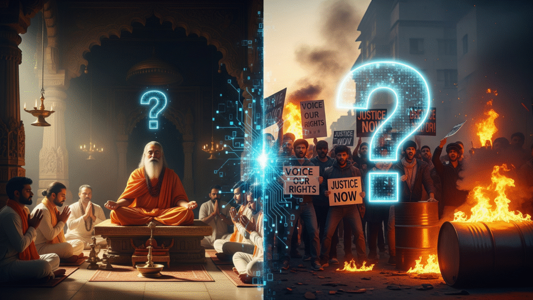 Mysterious split-image of serene spiritual sermon and fiery protest crowd, with question marks and digital overlays, intriguing and balanced, 16:9.