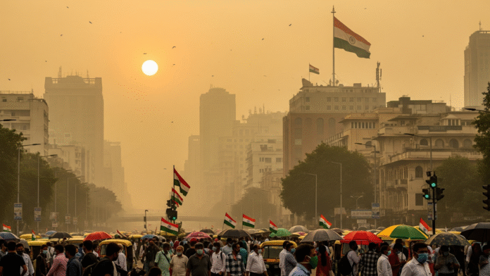 Impactful image showing Delhi or Mumbai skyline under heavy smog and heat, crowds coping with masks and umbrellas, Indian flags in the scene, 16:9. Impactful image showing Delhi or Mumbai skyline under heavy smog and heat, crowds coping with masks and umbrellas, Indian flags in the scene, 16:9.