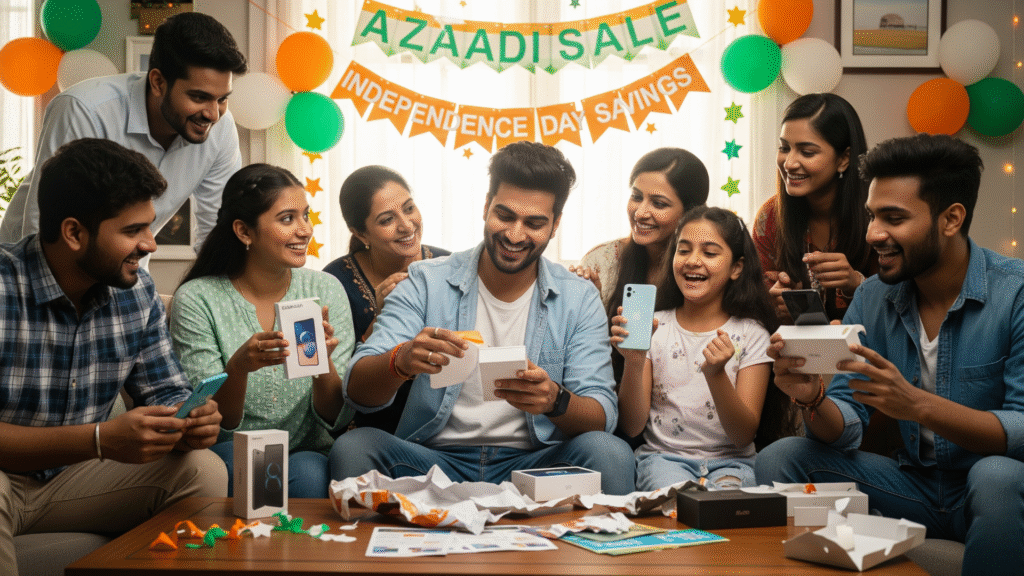 Excited Indian youth opening smartphone boxes with family and friends, Independence Day sale decorations in the background, joyful, 16:9