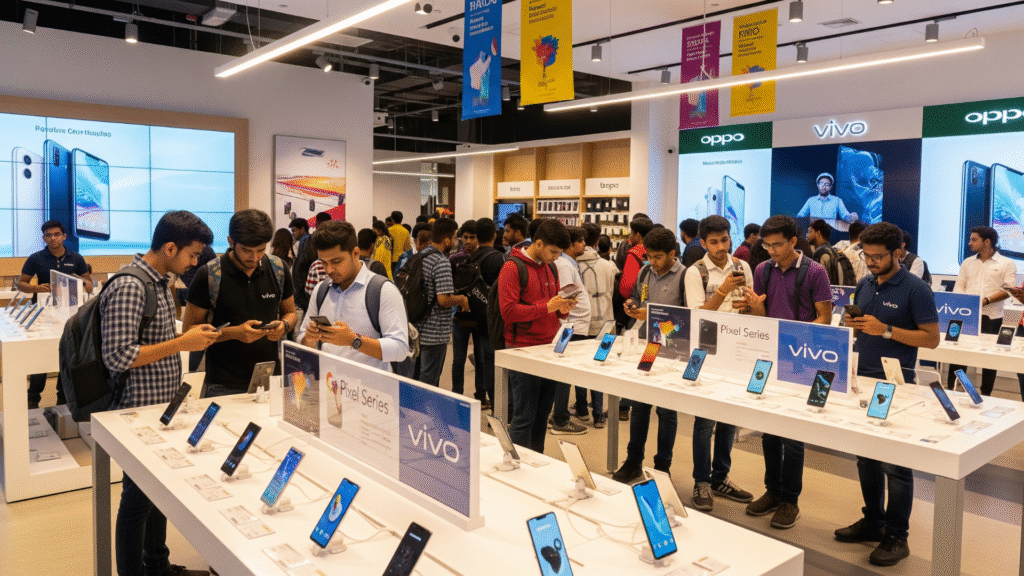 A vibrant Indian electronics store display with new smartphones from Google, Vivo, and Oppo, crowds of young buyers, bright and modern, 16:9.