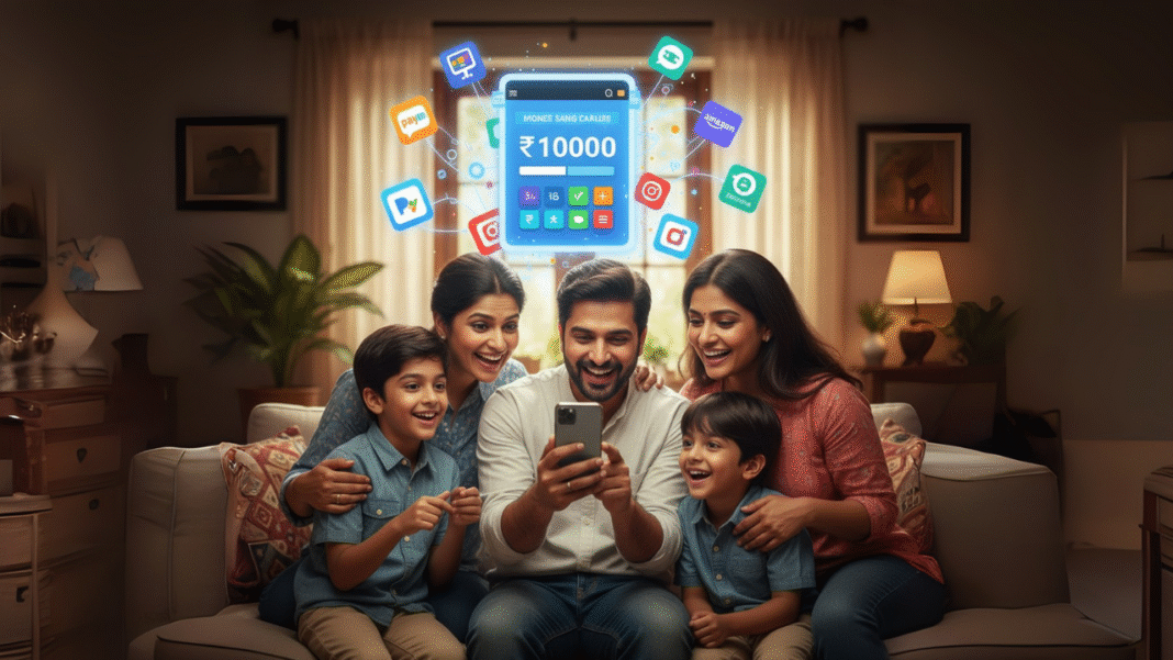 Indian family using money-saving apps showing ₹50,000 annual savings